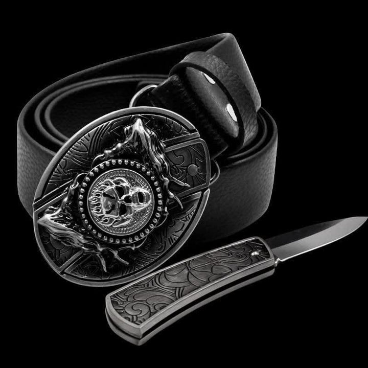 Ceinture en cuir pour homme avec tête de mort rotative et couteau pliant