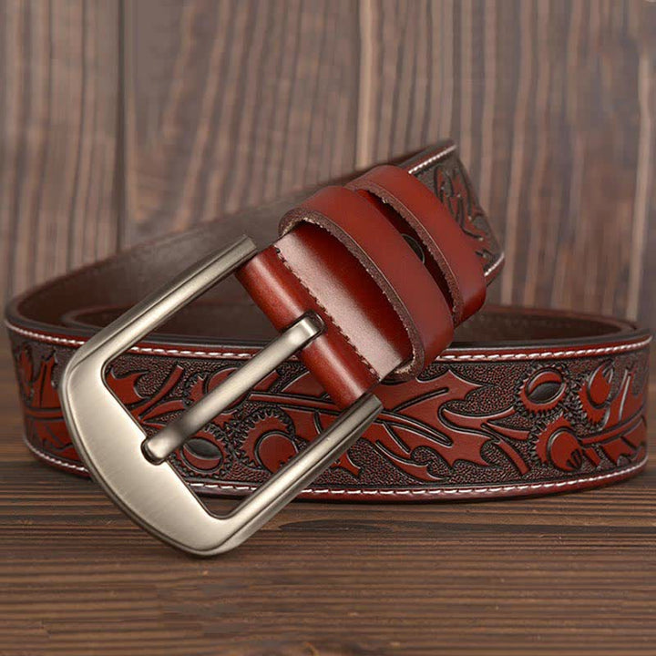 Ceinture en cuir à motif floral en relief pour homme
