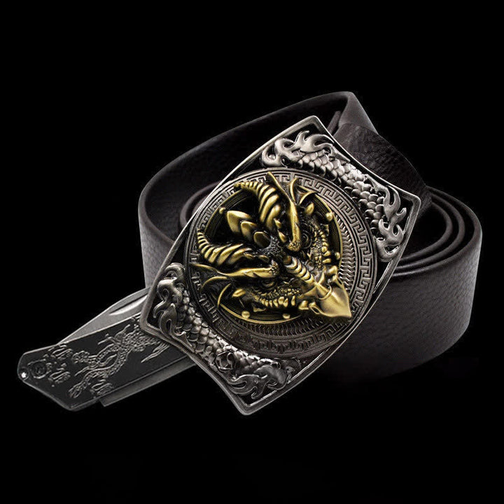 Ceinture en cuir pour homme avec dragon à bec pointu et couteau pliant