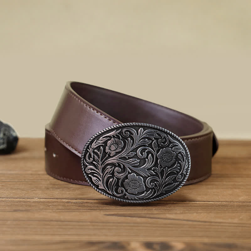 Ceinture en cuir à boucle ovale classique à motif floral pour homme