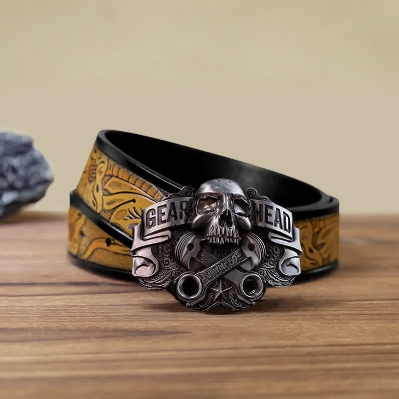 Ceinture en cuir à boucle tête de mort pour homme avec tête de piston et tête de mort