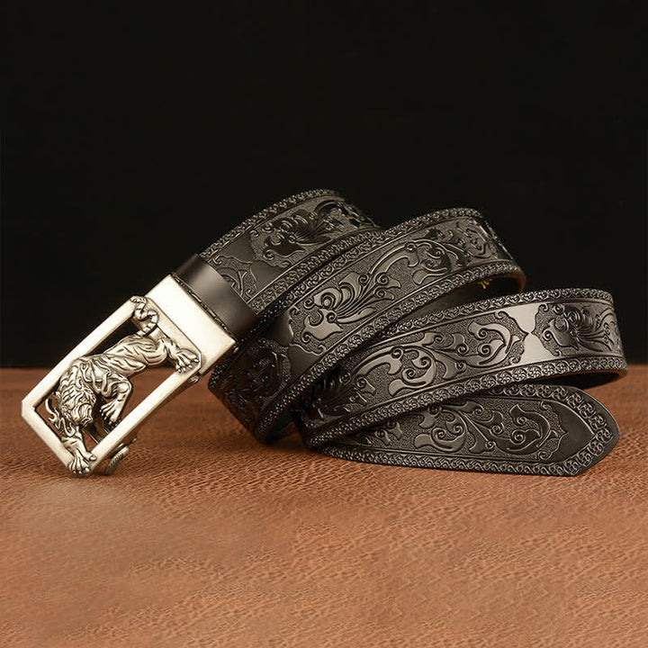 Ceinture en cuir à motif floral en relief avec boucle tigrée pour homme