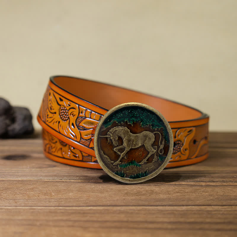 Ceinture en cuir à boucle en bronze antique pour homme avec licorne mystique