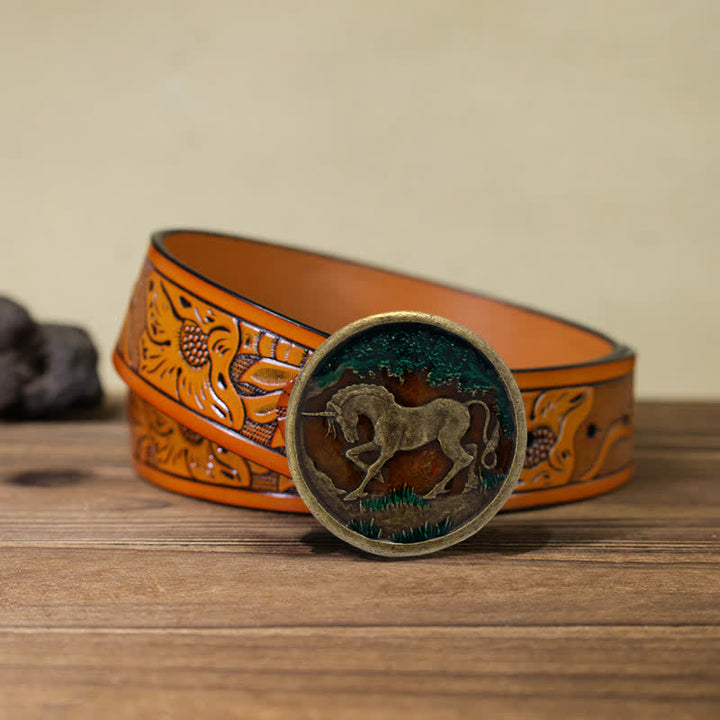 Ceinture en cuir à boucle en bronze antique pour homme avec licorne mystique