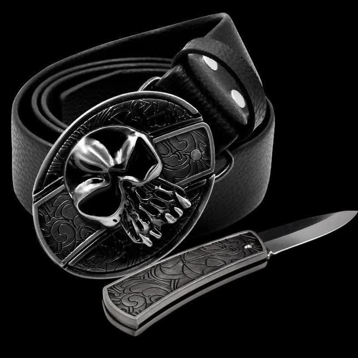 Ceinture en cuir pour homme avec tête de mort et couteau pliant
