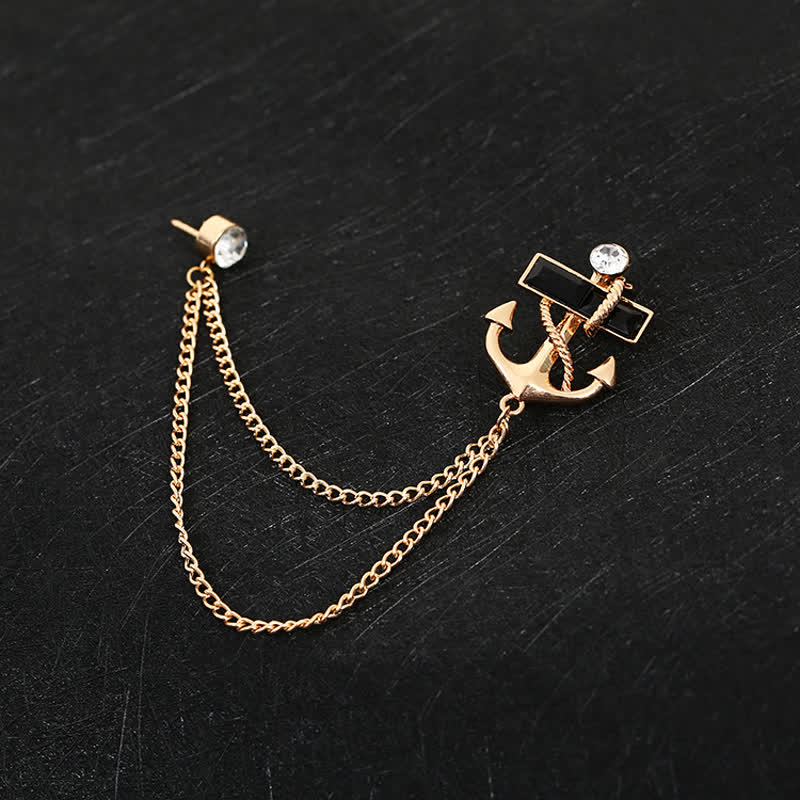 Broche pour homme avec chaîne d'ancre et pierres précieuses noires