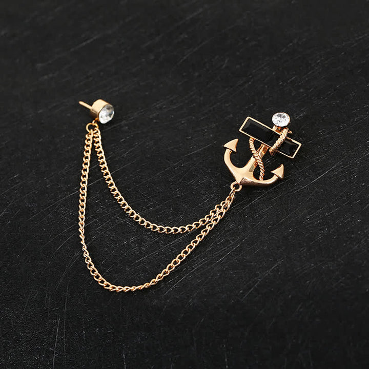 Broche pour homme avec chaîne d'ancre et pierres précieuses noires