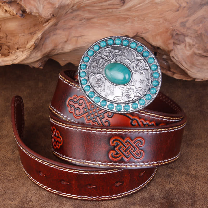 Ceinture unisexe en cuir sculpté avec agate de jade turquoise rose