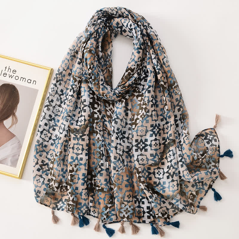 Écharpe fine à pompon et motif papillons floraux pour femme