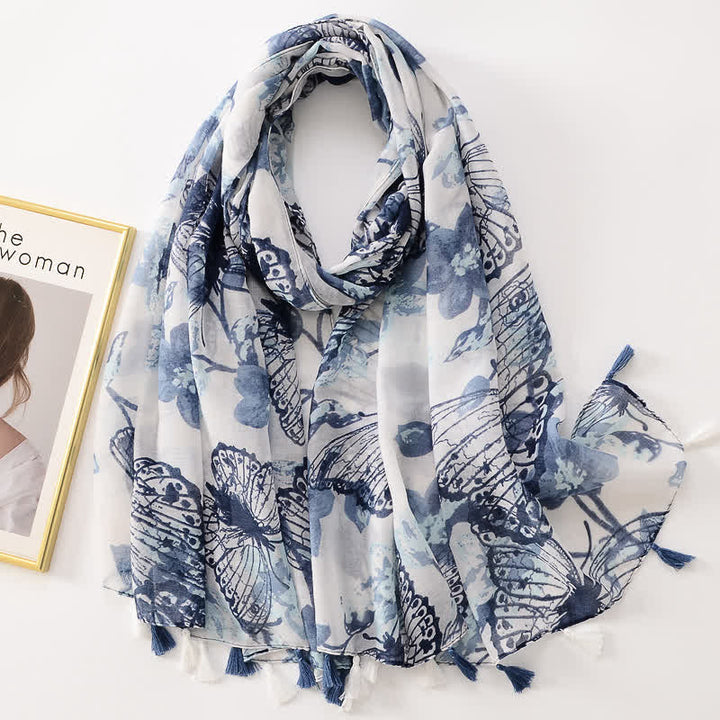 Écharpe fine à pompon et motif papillons floraux pour femme