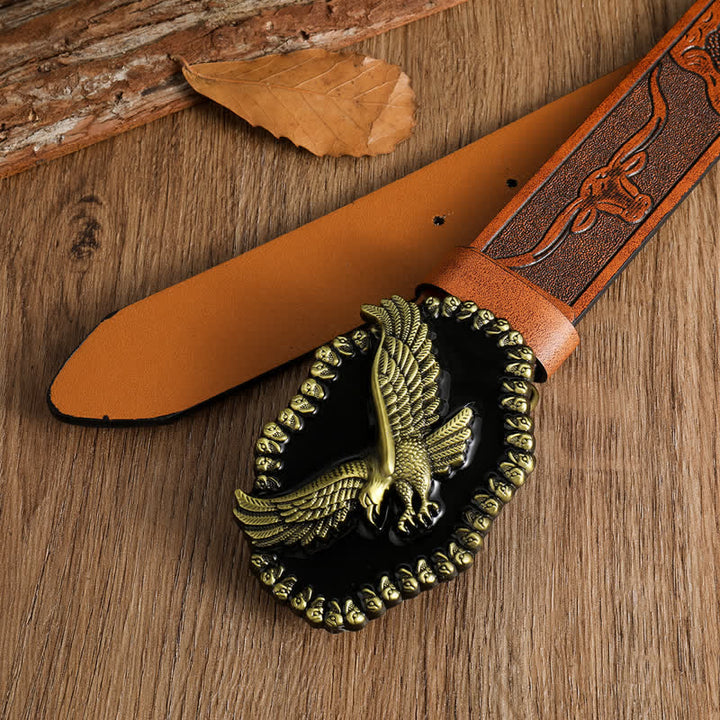 Ceinture en cuir pour homme avec motif d'aigle en or antique et faucon planant