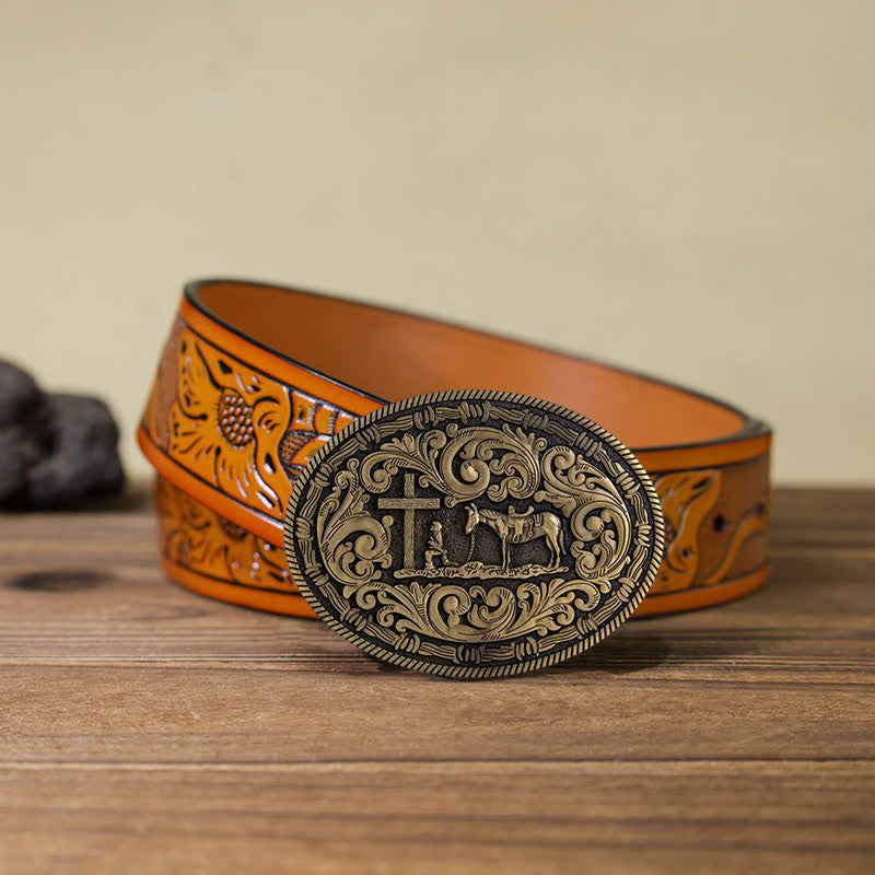 Ceinture en cuir à boucle ovale pour homme avec motif cowboy priant