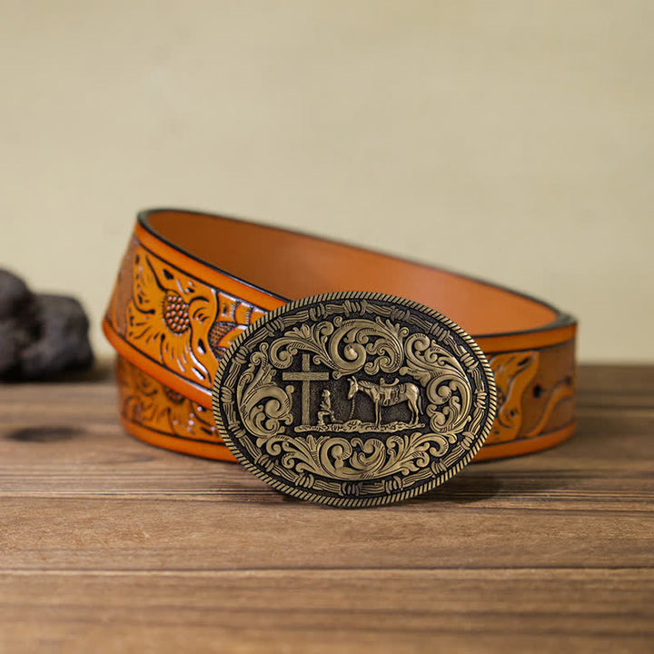 Ceinture en cuir à boucle ovale pour homme avec motif cowboy priant