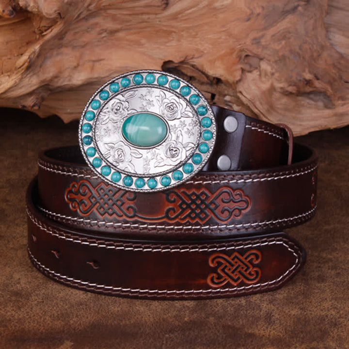 Ceinture unisexe en cuir sculpté avec agate de jade turquoise rose