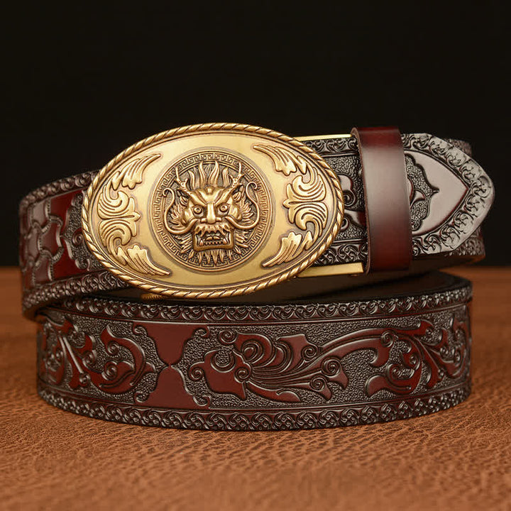 Ceinture en cuir à boucle elliptique pour homme avec dragon