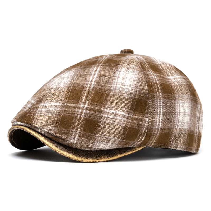 Béret à carreaux polyvalent, style rétro artistique, automne et hiver - Kaki - Réglable (22 1/2"-24") - image 10