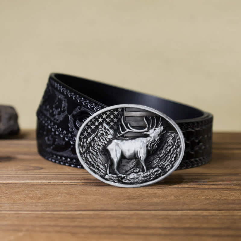 Ceinture en cuir à boucle pour homme avec drapeau américain et élan