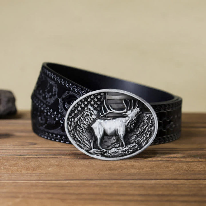 Ceinture en cuir à boucle pour homme avec drapeau américain et élan
