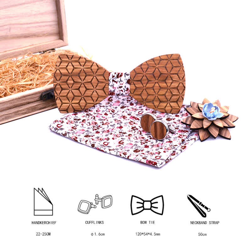 Lot de 4 nœuds papillon en bois sculpté géométrique pour homme