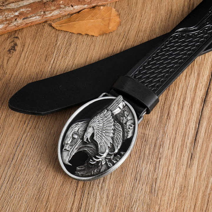 Ceinture en cuir avec boucle en forme d'aigle à tête sculptée blanche pour homme
