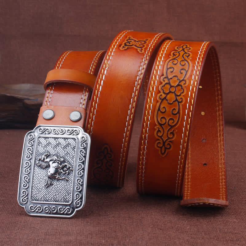 Ceinture en cuir de cheval argenté ethnique pour homme avec motif cowboy