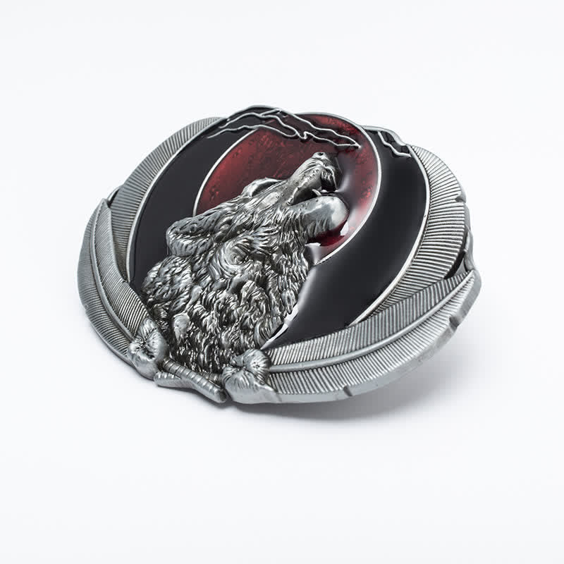 Ceinture en cuir à boucle ovale pour homme avec motif loup hurlant et lune