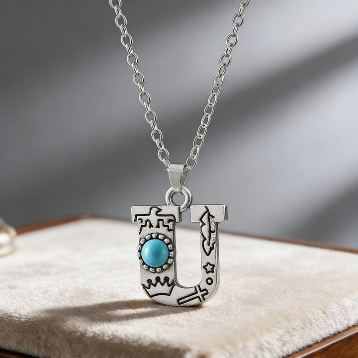 Collier vintage avec pendentif turquoise et initiale - U - image 23