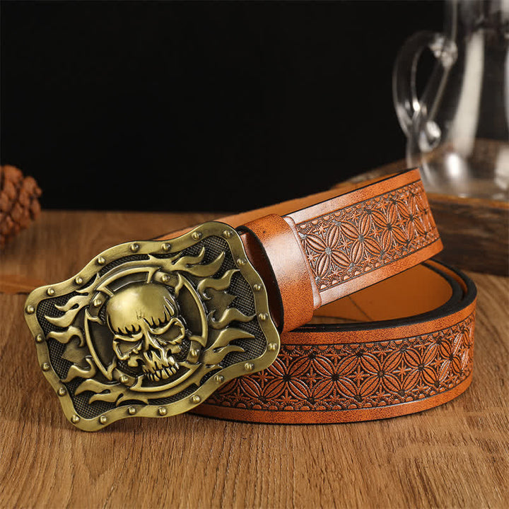 Ceinture en cuir tendance pour homme avec tête de mort et flamme