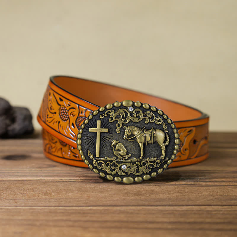 Ceinture en cuir à boucle pour homme avec prière à genoux en croix