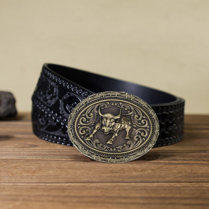 Ceinture en cuir à boucle pour homme avec motif de taureau de cow-boy