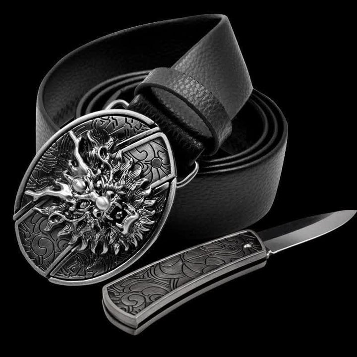 Ceinture en cuir pour homme avec tête de dragon et couteau pliant
