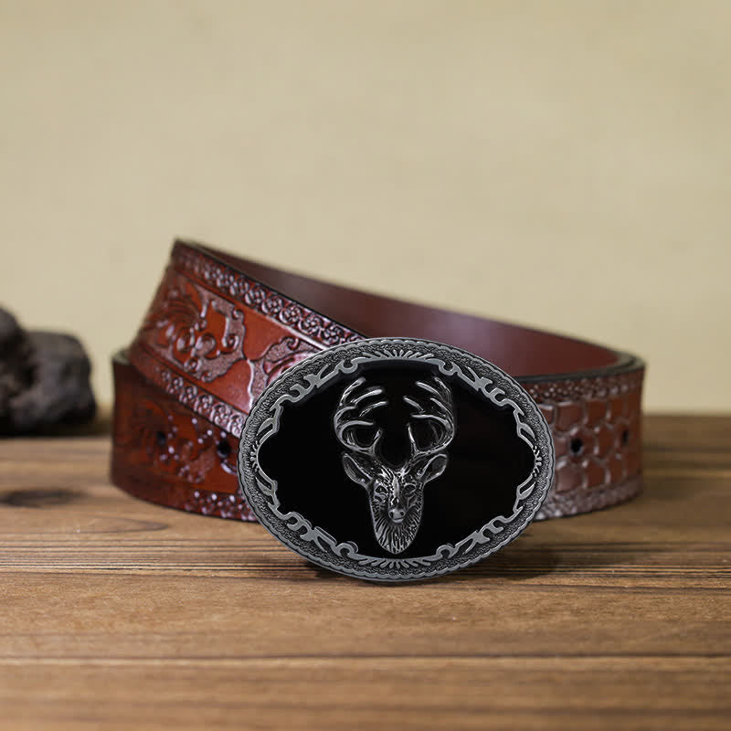 Ceinture en cuir à boucle tête de cerf noire pour homme