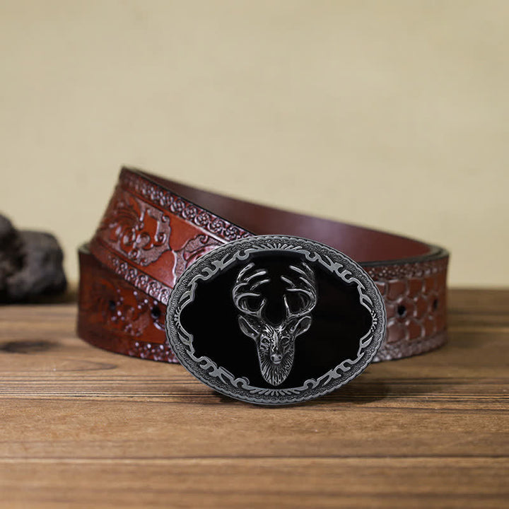 Ceinture en cuir à boucle tête de cerf noire pour homme