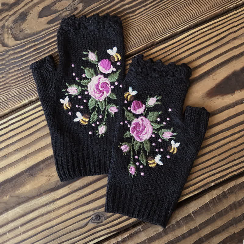 Gants tricotés demi-doigts brodés de fleurs pour femmes