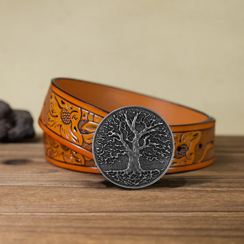 Ceinture en cuir à boucle ronde pour homme avec motif arbre de vie