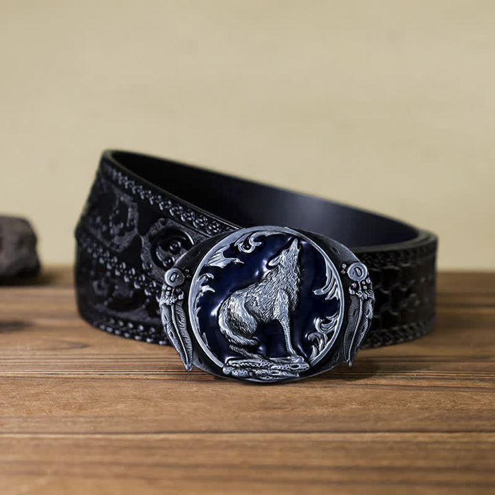 Ceinture en cuir à boucle en émail pour homme avec loup hurlant dominateur