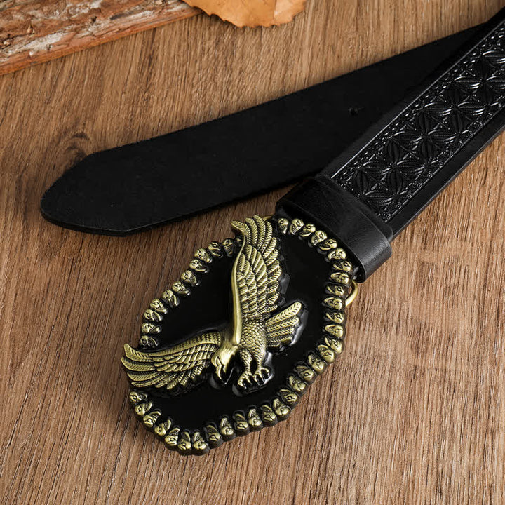 Ceinture en cuir pour homme avec motif d'aigle en or antique et faucon planant