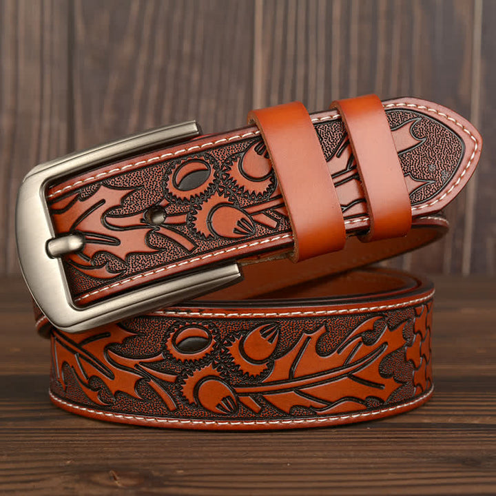 Ceinture en cuir à motif floral en relief pour homme