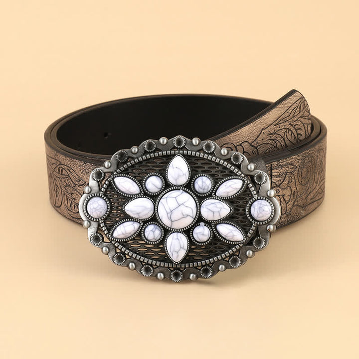 Ceinture ethnique en cuir blanc gaufré pour femme