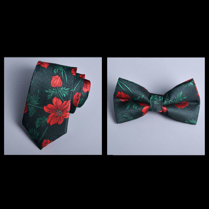 Lot de 8 nœuds papillon en forme de fleur avec feuilles vertes et rouges, coffret cadeau