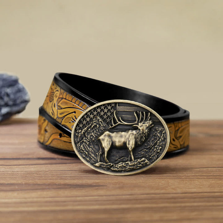Ceinture en cuir à boucle pour homme avec drapeau américain et élan