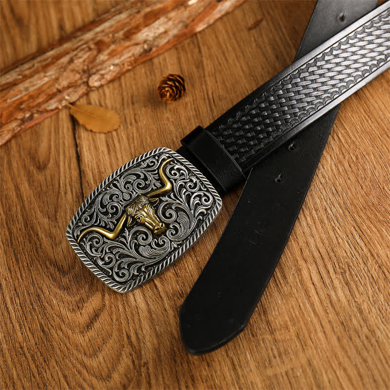 Ceinture en cuir pour homme avec boucle carrée à motif floral et boucle taureau - image 1