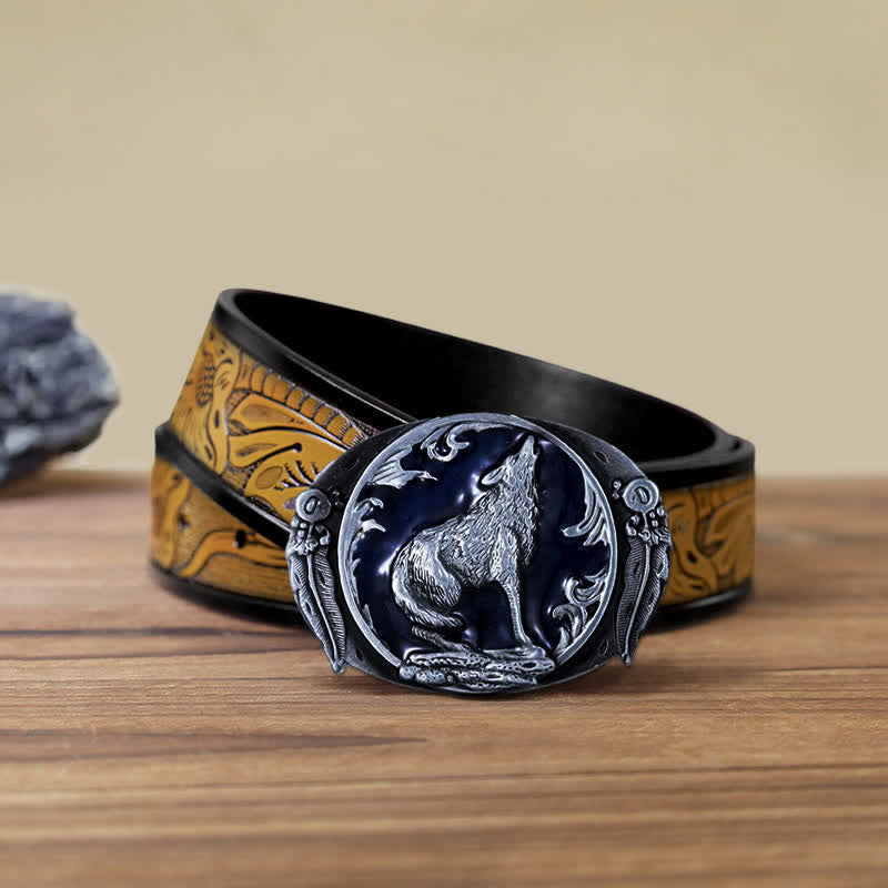 Ceinture en cuir à boucle en émail pour homme avec loup hurlant dominateur
