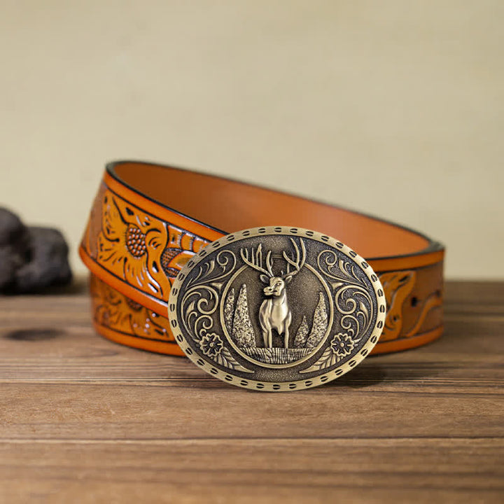 Ceinture en cuir à boucle ovale pour homme avec motif cerf forestier