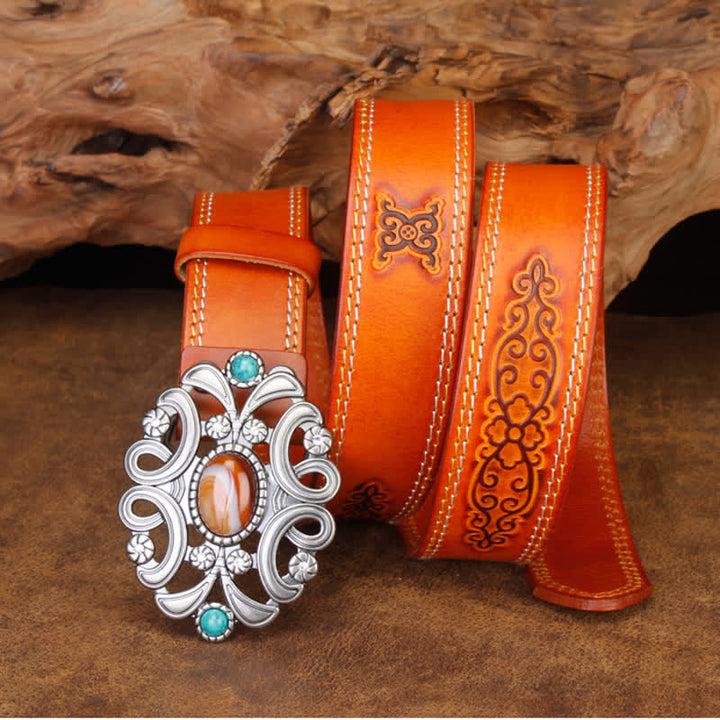 Ceinture unisexe en cuir avec pierre d'agate et fleur creuse turquoise