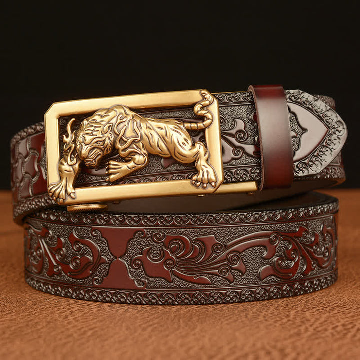 Ceinture en cuir à motif floral en relief avec boucle tigrée pour homme