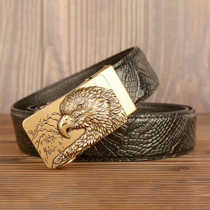 Ceinture en cuir pour homme avec motif crocodile et aigle sculpté