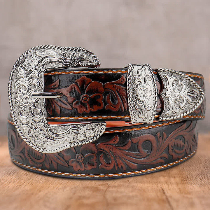 Ceinture en cuir gravé à fleurs vintage pour femme couleur café