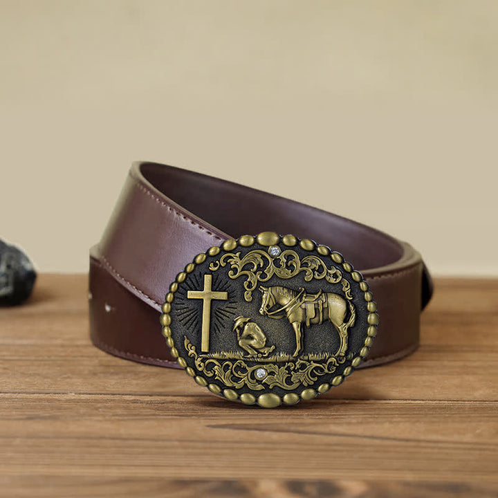 Ceinture en cuir à boucle pour homme avec prière à genoux en croix