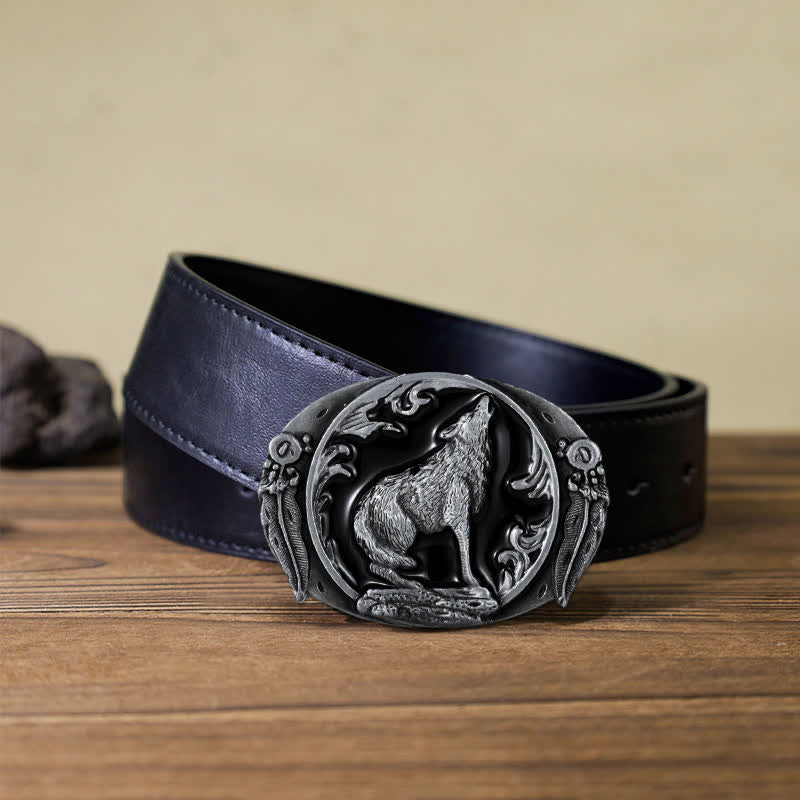 Ceinture en cuir à boucle en émail pour homme avec loup hurlant dominateur